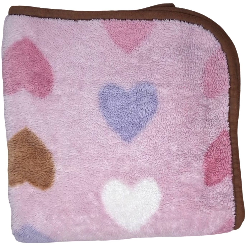 Pink Fleece Heart Baby Blanket Brown Trim Purple White Thick Security Lovey Htf